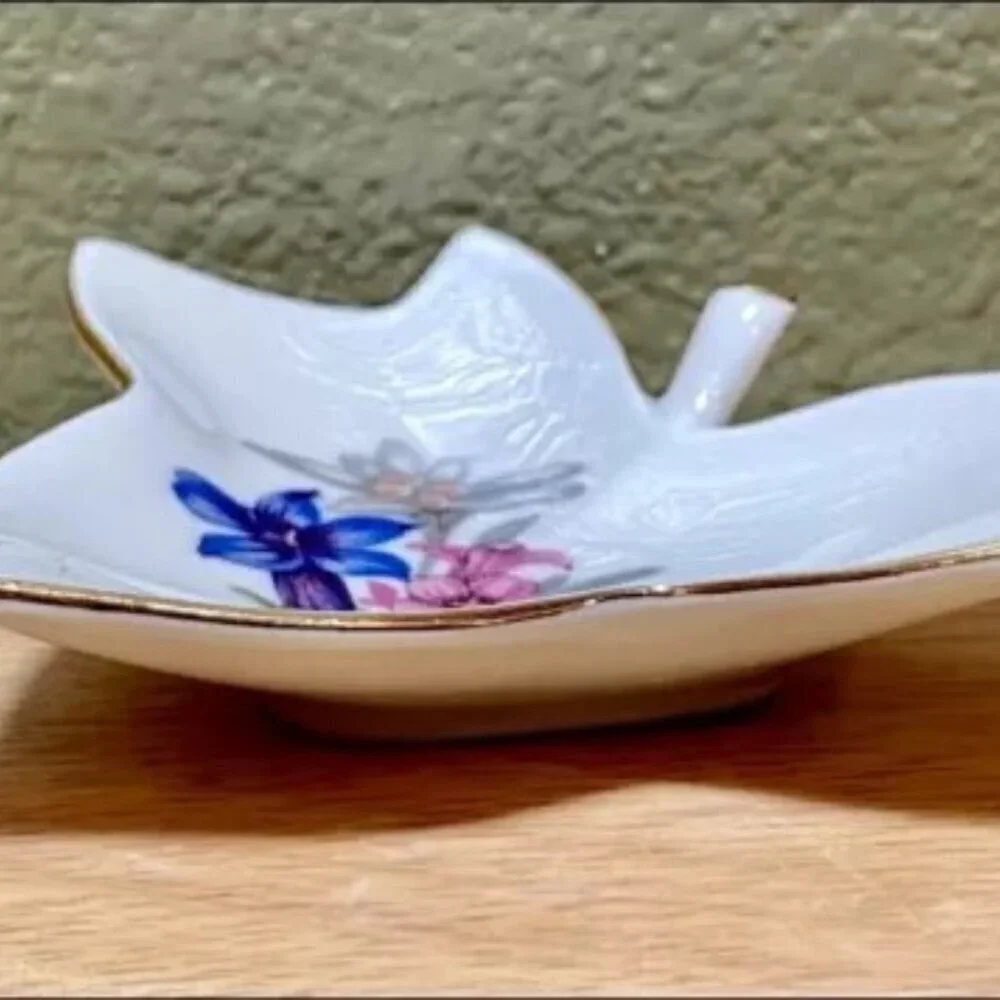 Tea Bag Holder Spoon Rest‎ Blue Pink Flowers Gold Trim Floral Design Leaf Shape